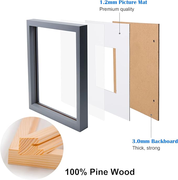Egofine 8x8 Picture Frames 4 Pack for Picture 4x4 with Mat or 8x8 whitout Mat Made of Solid Wood Covered by Plexiglass for Table Top Display and Wall Mounting Photo Frame, Dark Gray