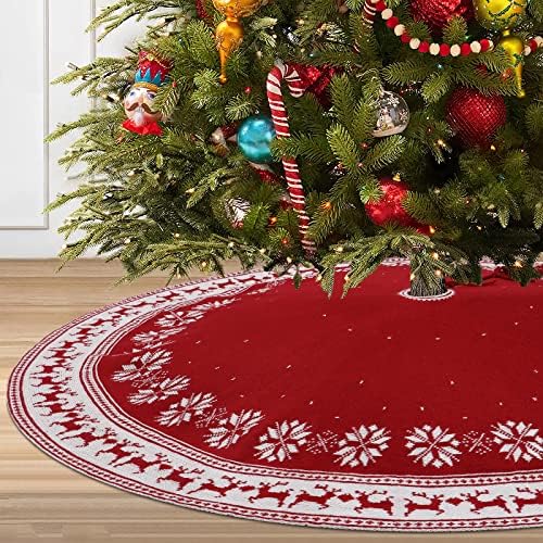 Dremisland Christmas Tree Skirt Rustic Knit Christmas Tree Mat 48In Red - Image 2