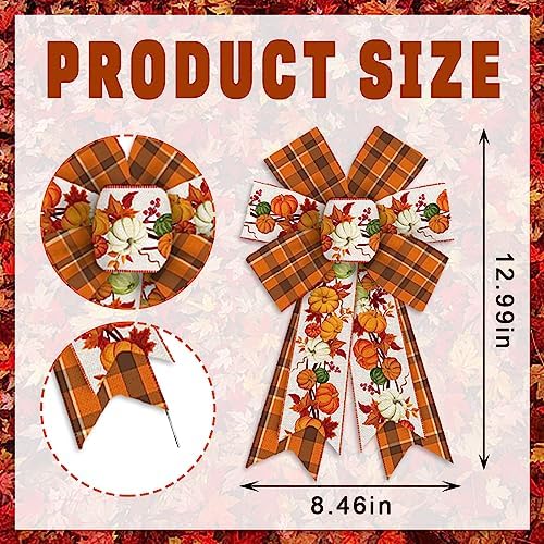 2PCS Fall Wreath Bows Thanksgiving Bows Pumpkin Stem Orange Buffalo Plaid Burlap Linen Bow for Wreath, Autumn Ribbon Bows for Thanksgiving Party Home Indoor Outdoor Decoration Wreath Ornament Supplies - Image 2