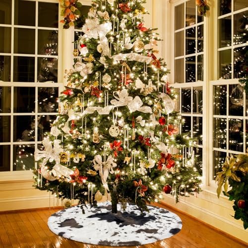 Christmas Tree Skirt 30 inch Cows Print Tree Skirts White and Black Faux Fur for Holiday Party Decoration - Image 7