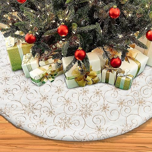 Dremisland Christmas Tree Skirt 48In White&Gold Tree Skirt with Snowflake - Image 2