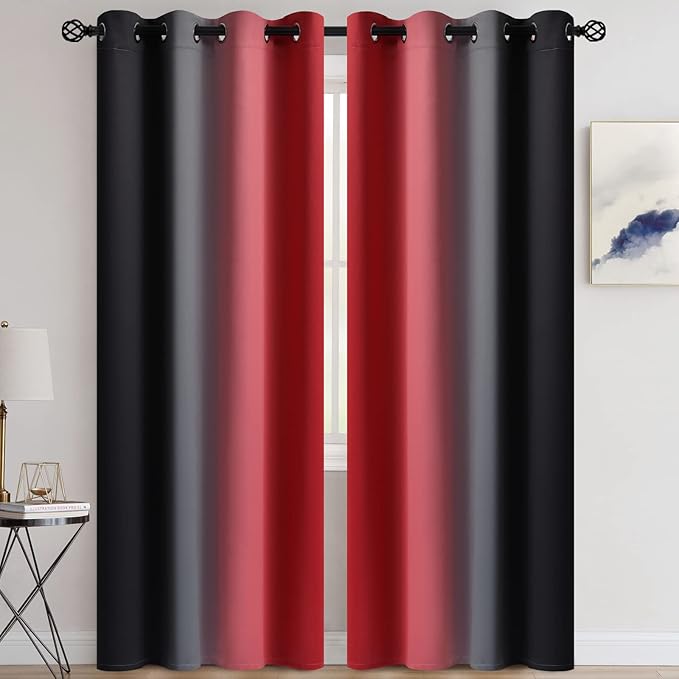 COSVIYA Grommet Ombre Room Darkening Curtains 84 inches Length for Living Room, Light Blocking Red and Black Gradient Window Drapes/Curtains for Bedroom,2 Panels, 52x84inches