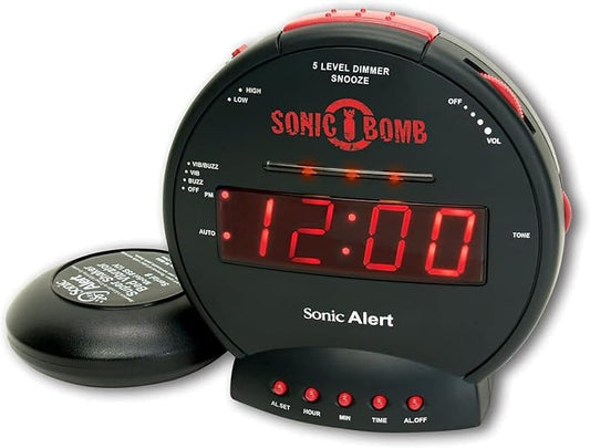 Sonic Bomb Dual Extra Loud Alarm Clock with Bed Shaker, Black | Sonic Alert Vibrating Alarm Clock Heavy Sleepers, Battery Backup | Wake with a Shake by SonicAlert