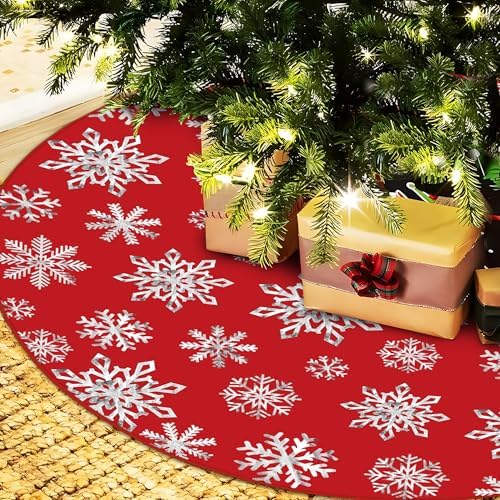48 Inch Christmas Snowflake Tree Skirt Silver Snowflake Red Christmas Tree Skirt Large Red Round Xmas Trees Mat with Silver Snowflakes for Winter Holiday New Year Party Xmas Trees Home Decor - Image 5