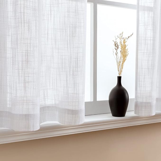 XTMYI Farmhouse Kitchen Curtains 36 Inch Length Set of 2 Panels Short Linen Textured Boho Cafe Curtain Tiers Semi Sheer Small Curtains for Bathroom Windows RV Trailers White