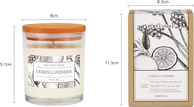 Aronica Organic Soy Candles - Lavender Lemon Essential Oil, Luxury Home Spa Gift for Women, Energizing Scent