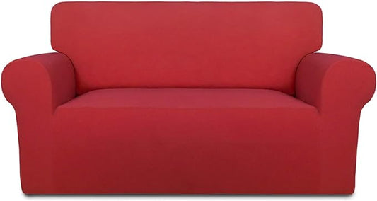 PureFit Super Stretch Sofa Slipcover – Spandex Non Slip Soft Couch Sofa Cover, Washable Furniture Protector with Non Skid Foam and Elastic Bottom for Kids, Pets （Loveseat, Red）