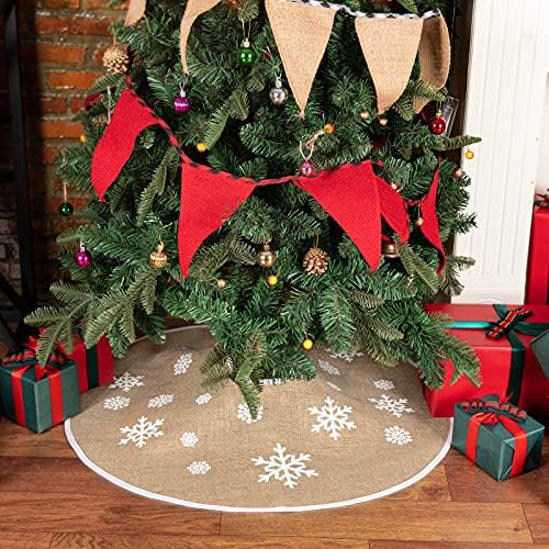 30 Inch Burlap Christmas Tree Skirt with White Snowflakes, Khaki - Image 5