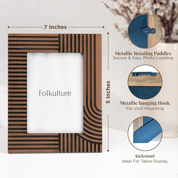 Folkulture MDF Photo Frame for Wall or Tabletop | Linear Tales 5x7 Modern Wooden Picture Frame with Plexiglass | Vertical & Horizontal Display | Handmade House Warming Gifts