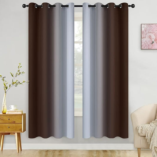 COSVIYA Grommet Ombre Room Darkening Curtains 72 inch Length 2 Panels, Brown and Grayish White Gradient Drapes Light Blocking Insulated Thermal Window Curtains for Bedroom/Living Room,52x72 inches