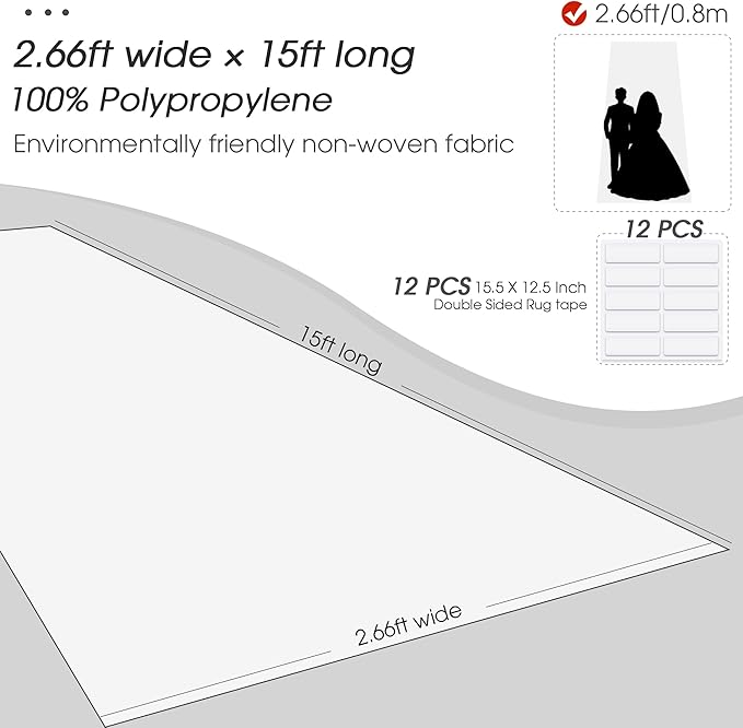 White Carpet Runner for Party,140GSM 2.62FTx15FT Carpet Party Decorations,White Runway Rug for Prom Felt Non-Woven Fabric,Runner for Wedding Ceremony