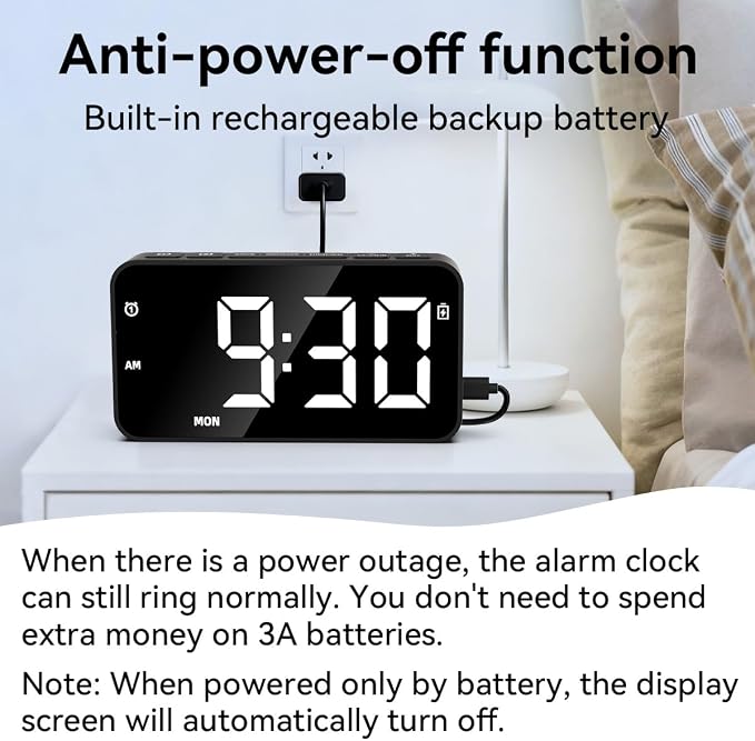 Plug in Digital Alarm Clocks with Rechargeable Backup Battery for Bedrooms Living Room Study Loud Bedside Desk Clock with Memory Function Dual Alarm 3 Modes Weekends Weekdays Every Day for Kids Adults - Image 5