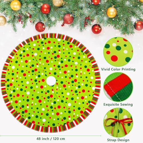 Christmas Tree Skirt 48 Inches, Velvet Stripes Trimmed Tree Skirt with Red Green White Polka Dots Design for Holiday Party Decor - Image 2