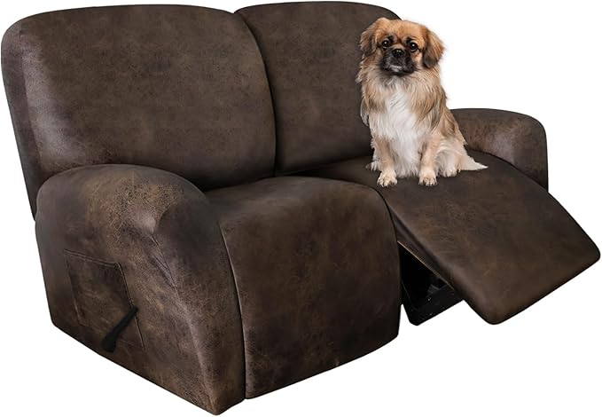 ANARACHON Leather Look Loveseat Recliner Covers Stay in Place 6-Piece Recliner Sofa Slipcover 2 Seater Reclining Couch Cover Furniture Protector Spandex Fabric Washable (Recliner Loveseat, Brown)