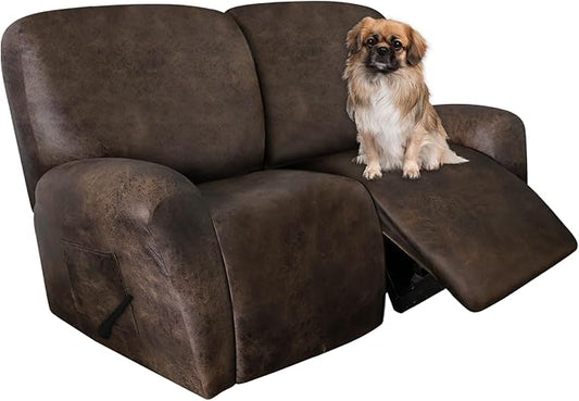 ANARACHON Leather Look Loveseat Recliner Covers Stay in Place 6-Piece Recliner Sofa Slipcover 2 Seater Reclining Couch Cover Furniture Protector Spandex Fabric Washable (Recliner Loveseat, Brown)