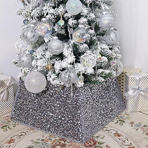 Silvergrey Christmas Tree Collars for Atificial Trees, 24 Inch Sparkling Sequins Christmas Skirt, Base Cover,Holiday Home Decor Ring(Medium) by SunshineDecor