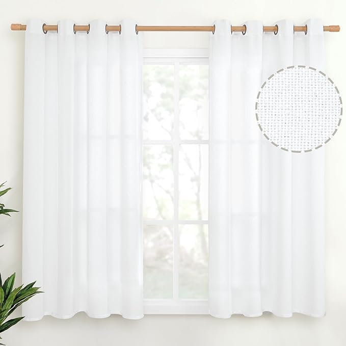YoungsTex Short White Linen Curtains for Windows 52 X 45 Inch, Light Filtering Textured Drapes with Bronze Gromme for Bedroom Kitchen Living Room Bathroom Decorative Lightweight, 2 Panels