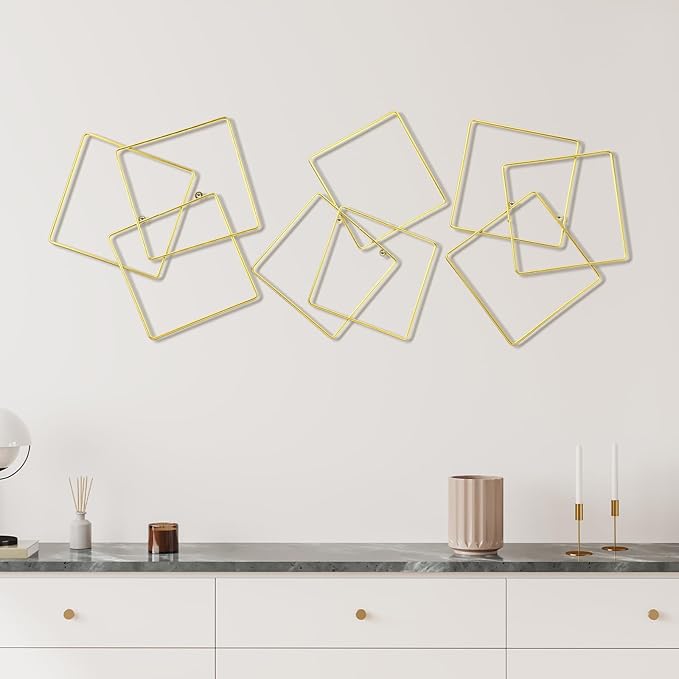 Hicarer 3 Pcs Interlocking Rings Wall Sculpture Gold Metal Home Wall Decor Abstract Aesthetic Gold Decoration for Art Bedroom Living Room Bathroom Home(Square)