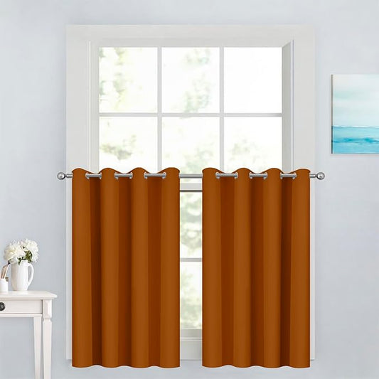 Yakamok 36 Inch Curtains Blackout Window Curtains for Kitchen, Grommet Room Darkening Thermal Insulated Sunlight Block Drapes for Living Room, W 52 x L 36, Burnt Orange, 2 Panels