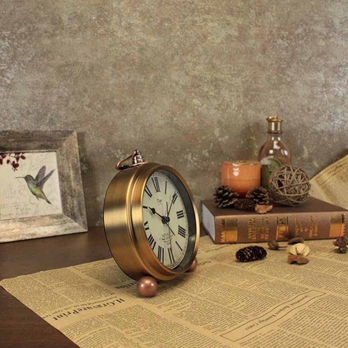 Maxspace Metal Golden Table Clock, Retro Vintage Non-Ticking Small Alarm Clock,Battery Operated Silent Quartz Movement HD Glass Desk Clock for Bedroom Living Room Indoor Decoration Kids?€? (Roman2)