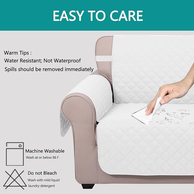 U-NICE HOME Loveseat Sofa Cover Reversible Couch Covers for 2 Cushion Couch for Dogs Furniture Protector Cover with Elastic Straps Water Resistant(Loveseat Small, White/White)
