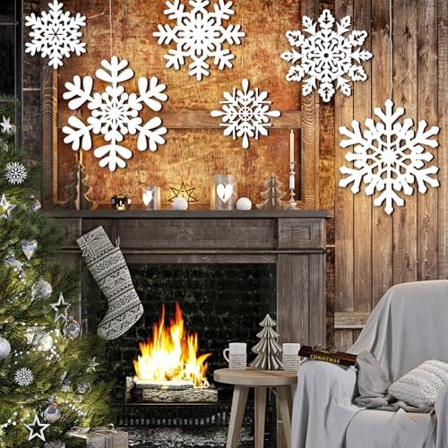 Whaline 6 Pcs Christmas Snowflake Wooden Wall Decor White Snowflake Shaped Wood Wall Art Sign with Hook for Home Farmhouse Xmas Winter Hanging Ornament - Image 3