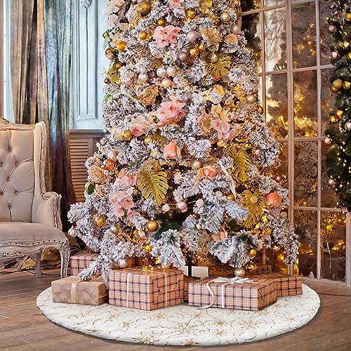 Dremisland Christmas Tree Skirt 48In White&Gold Tree Skirt with Snowflake - Image 6