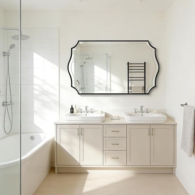 POZINO Rectangle Beveled Mirrors, 24"x40" Modern Vanity Mirror for Over Sink, Matte Black Scalloped Mirrors for Wall, Irregular Wavy Shaped Mirror for Bathroom Living Room Bedroom Fireplace Entryway