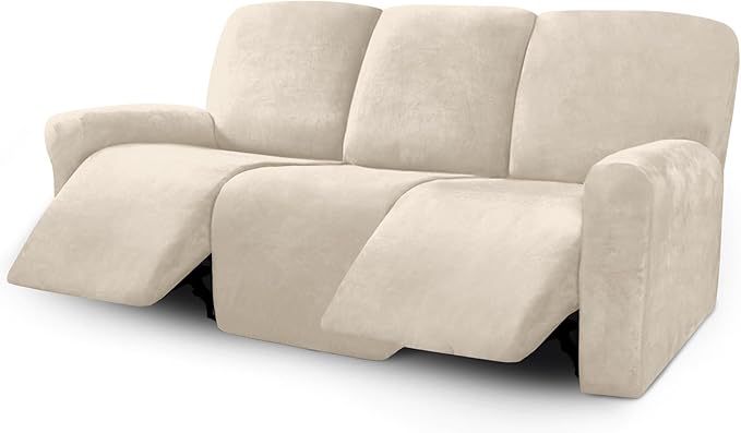 ULTICOR Velvet 8-Pieces Recliner Sofa Covers Stretch Reclining Couch Covers for 3 Cushion Reclining Sofa Slipcovers Furniture Covers Thick Soft Washable (3 Seater Recliner Cover, White)