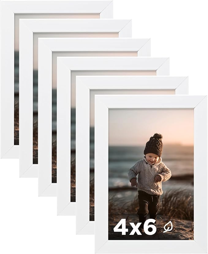 KINLINK 4x6 Picture Frame White Set of 6, Wooden Photo Frames with Plexiglass for 4x6 without Mat for Table and Wall Display