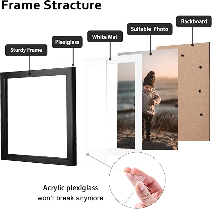 KINLINK 6x8 Picture Frame Black Set of 6, Wooden Photo Frames Matted 4x6 with Plexiglass for 4x6 with Mat or 6x8 without Mat for Table and Wall Display