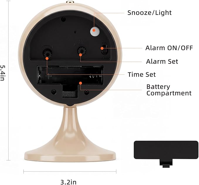 Analog Alarm Clock, Mid-Century Modern Desk Clock, Silent Non-Ticking Quartz Table Clock with Gold Hands, Battery Operated Decorative Clock for Bedroom, Office, Living Room (Light Champagne)