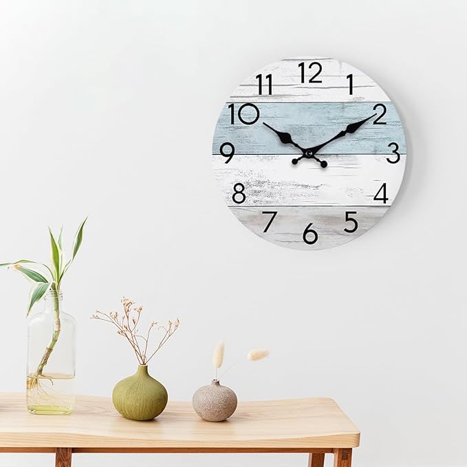 Wall Clock Silent Non-Ticking Wooden Clocks Battery Operated 10 Inch Small Country Retro Rustic and Beach Style Decorative for Living Room, Kitchen, Home,Bathroom, Bedroom (Blue)
