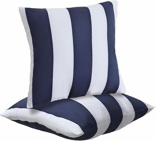 JMGBird Pack of 2 Decorative Pillows with Inserts - 18x18 Water-Resistant Navy Blue with White Stripe Outdoor Throw Pillows for Patio Furniture, Couch, Bed