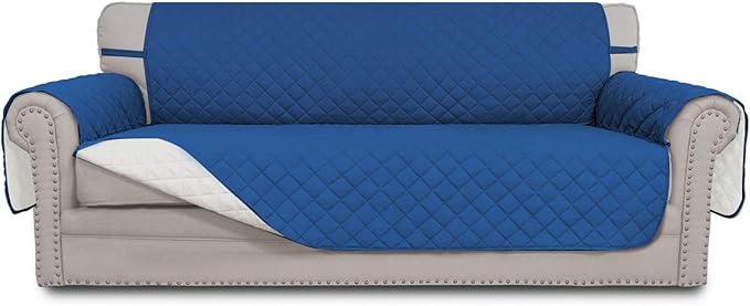 Easy-Going Reversible Couch Cover for 3 Cushion Couch Sofa Cover for Dogs Water Resistant Furniture Protector Cover with Foam Sticks Elastic Straps for Pet Cat (Sofa, Blue/Ivory)