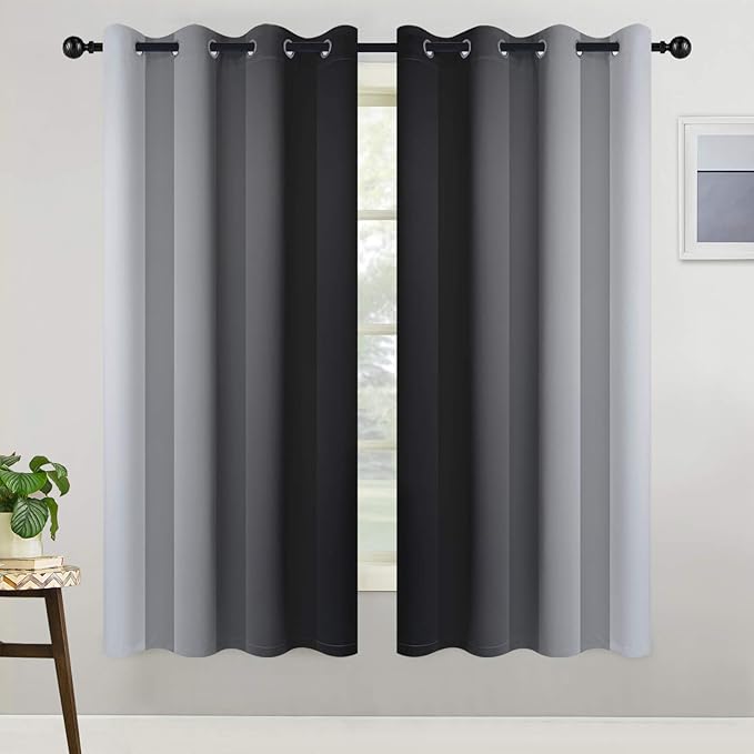 COSVIYA Grommet Ombre Room Darkening Curtains 63 inch Length, Black and Greyish White Gradient Drapes Light Blocking Insulated Thermal Window Curtains for Bedroom/Living Room,2 Panels,52x63 inches