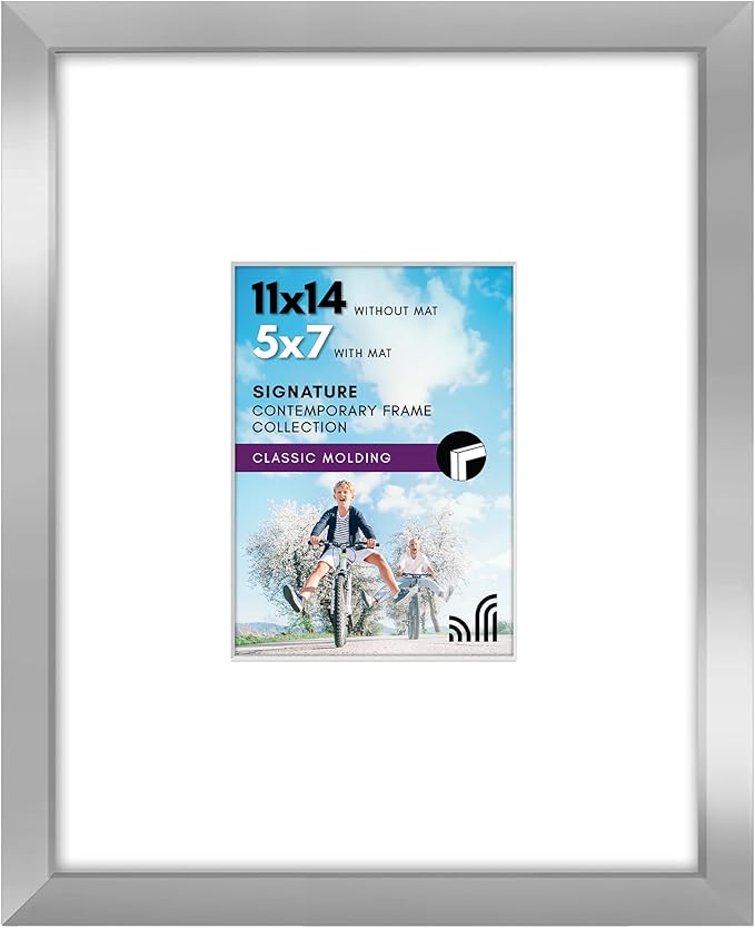 Americanflat 11x14 Picture Frame with Shatter-Resistant Glass - Use as 5x7 Frame with Mat or Display 11x14 Photo Without Mat - Signature Collection - Picture Frames for Wall Display - Silver