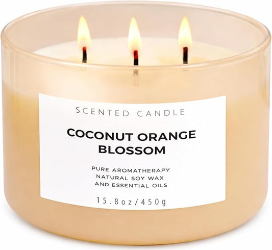 Coconut Orange Blossom Scented Candle - Large 3-Wick Aromatherapy Soy Candle, 15.8 oz - Highly Scented, Clean Burning, Long Lasting Home Fragrance Gift for Women & Men