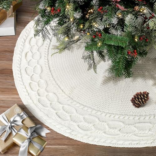 NIBESSER Knit Tree Skirt White 48" Christmas Tree Skirt Ivory Knitted Mat for Christmas Decorations Yarn Thick Rustic Cable Knit Tree Collar for Home Party Holiday Ornaments by NIBESSER