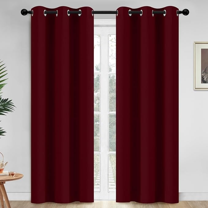 Yakamok Thermal Insulated Blackout Curtains for Bedroom,Grommet Top Room Darkening Window Drapes for Living Room, 42W x 84L,Wine Red,2 Panels
