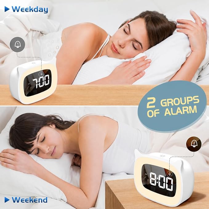 Cute Cat Ear Alarm Clock with Night Light for Bedroom,White - Image 4