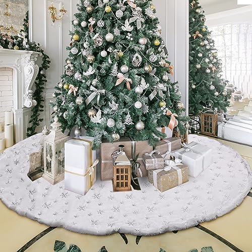 Libima 70 Inches Large Christmas Tree Skirt Faux Fur Xmas Tree Skirt White Plush Velvet with Silver Sequins Snowflakes for Xmas Decorations Merry Christmas Party Winter Home Holiday Ornaments by Libima