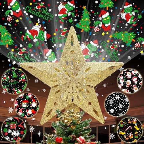 10" Christmas Tree Topper Star Lighted with 6 Projection Modes, Light Up Christmas Tree Topper Built-in LED Rotation Light, 3D Glitter Dynamic Projector Tree Top for Xmas Party Decorations Gift by Kifiray