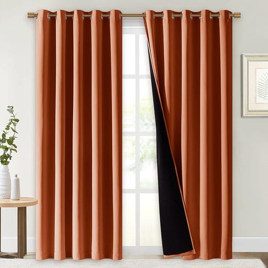 NICETOWN 100% Blackout Window Curtain Panels, Cold and Full Light Blocking Drapes with Black Liner for Nursery, 84" Drop Thermal Insulated Draperies (Burnt Orange, 2 Pieces, 70" Wide Each Panel)