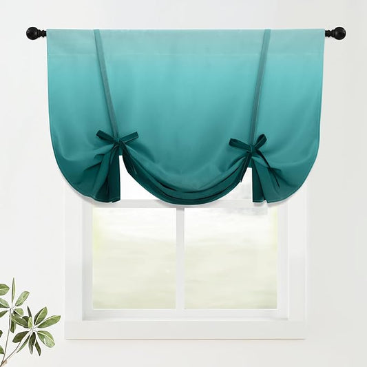 COSVIYA 100% Blackout Ombre Teal Adjustable Tie Up Curtains for Kitchen Thermal Insulated Room Darkening Valance Rod Pocket Balloon Roman Shade for Small Window,48" L x 42" W, 1 Panel