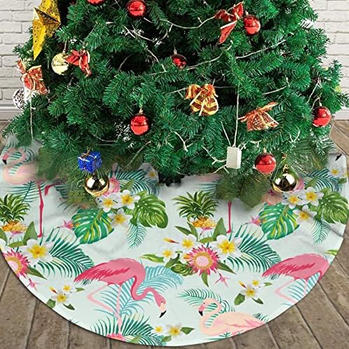 Flamingo Christmas Tree Skirt for Xmas Holiday Party Supplies Large Tree Mat Decor, Tropical Summer Pink Flamingo Palm Leaves Flowers Ornaments 30" - Image 3