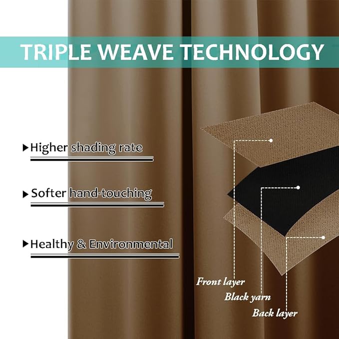 NICETOWN Full Shading Curtains 90" Long 2 Panels Set for Windows, Gold Brown, Pack of 2, 52" W, Super Heavy-Duty Black Lined Blackout Curtains for Bedroom, Privacy Assured Window Treatment