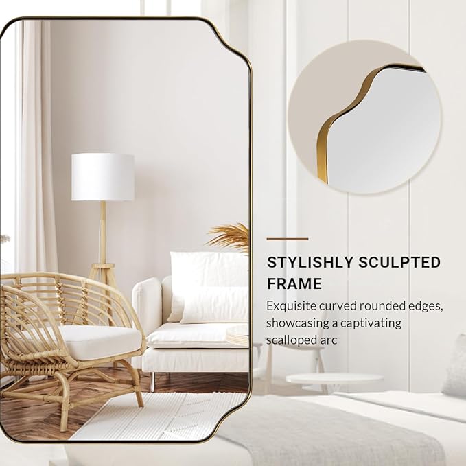 ANDY STAR 30"x60" Large Bathroom Mirror, Gold Scalloped Mirror for Bathroom, Brushed Brass Full Length Wall Mirror with Rust-Proof Stainless Steel Frame, Hangs Vertically or Horizontally