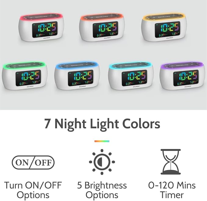 HOUSBAY Glow Small Colorful Alarm Clock Radio with Rainbow Digit, 7 Color Night Light with ON/Off Options, Dual Alarm, Dimmer, FM Radio with SleepTimer for Bedrooms - Image 2