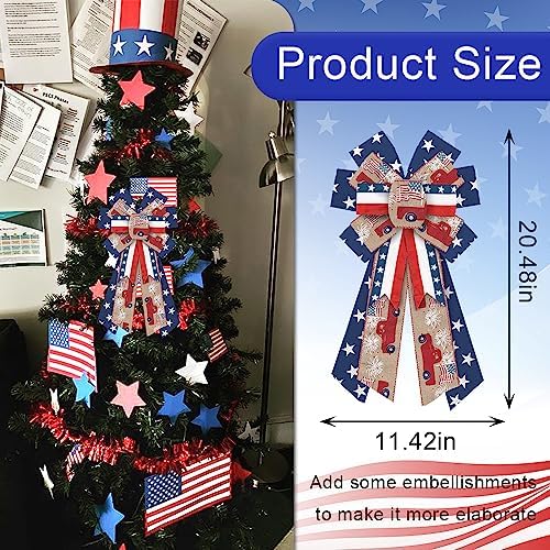 Large Patriotic Wreath Bows 4th of July Decor Bows for Wreath American Flag Truck Star Brown Burlap Patriotic Bows for Independence Day Front Door Indoor Outdoor Wall Tree Topper Decoration Supplies - Image 2